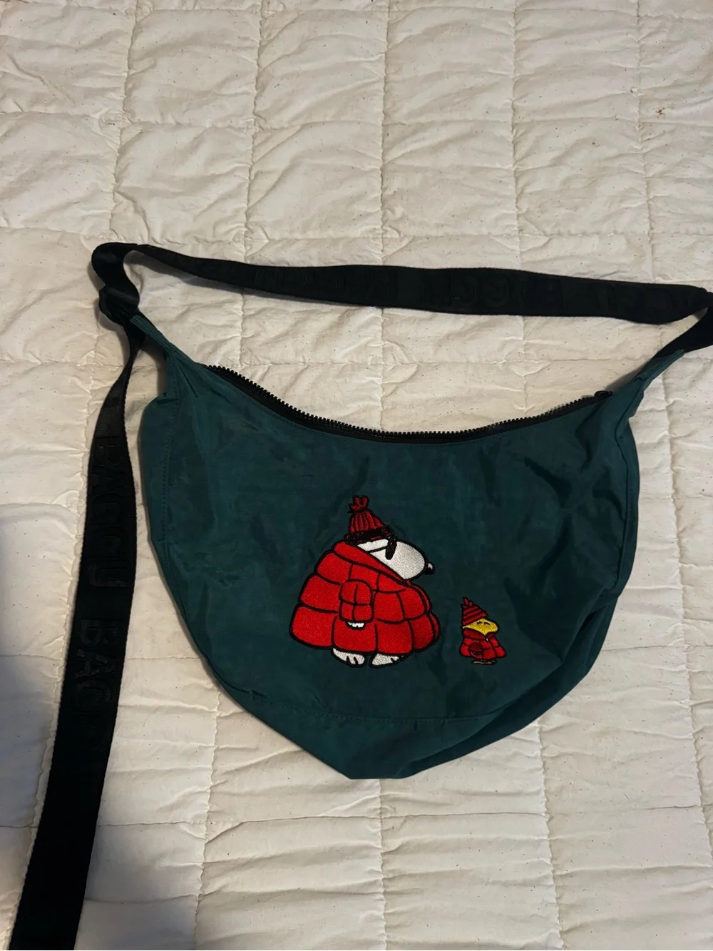 BAGGU Teal Crossbody Bag with Red Bear Patch